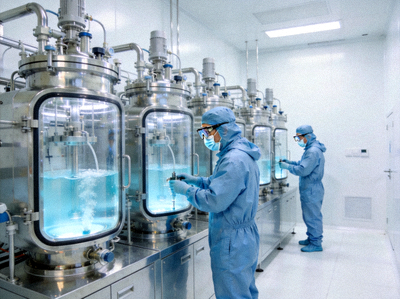 乐竟科技生物药洁净车间内部，工作人员穿着无菌防护服操作自动化生物反应系统