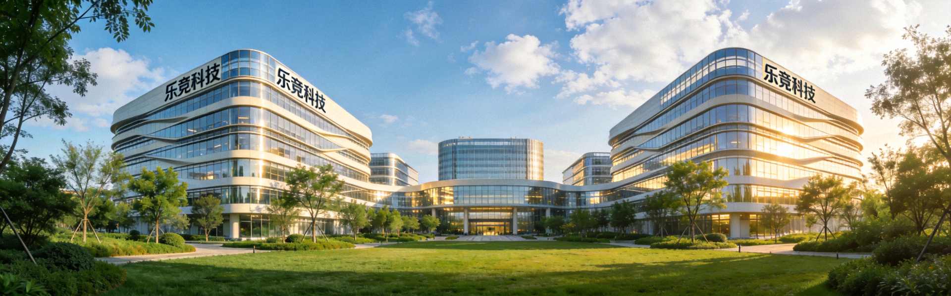 乐竟科技现代化研发总部大楼全景，建筑周围环绕着绿色生态园区和草坪，蓝天白云映衬下彰显企业务实作风
