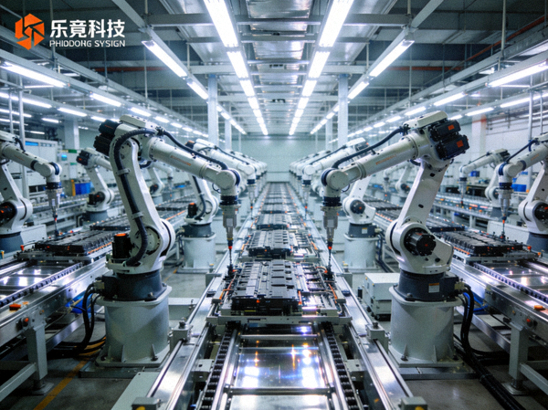 乐竟科技智能制造工厂内部全景照片，自动化生产线整齐排列，机器人手臂精准作业